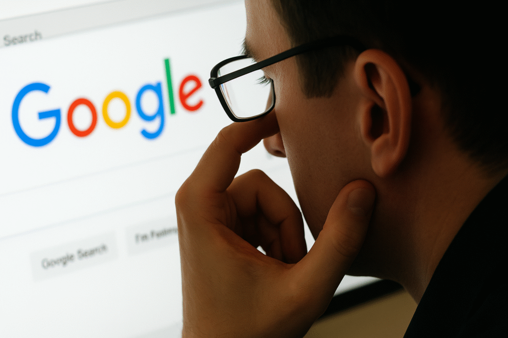 A man wearing glasses searching on Google.
